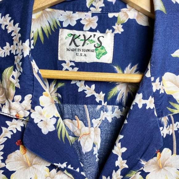 Vintage KYS Hawaiian Shirt Mens Blue with Palms Button Down Size XL - Picture 2 of 5